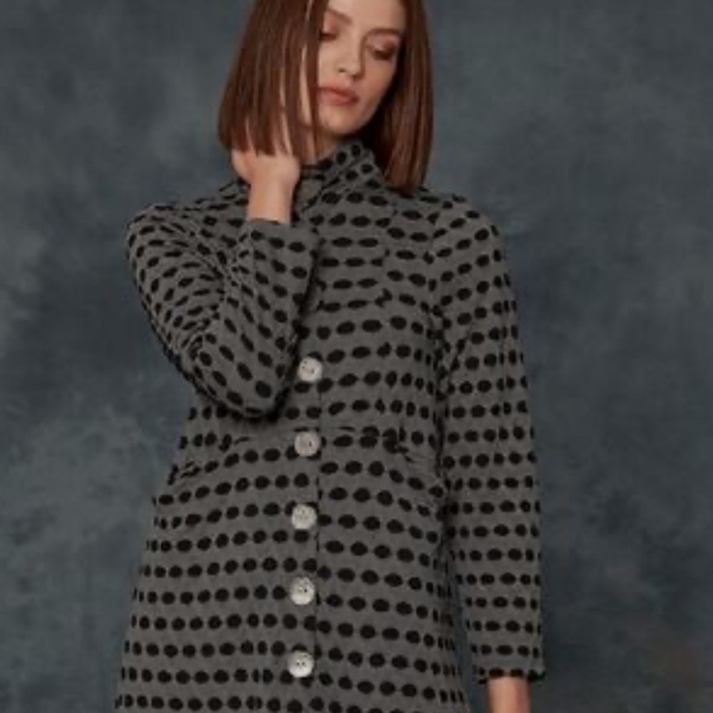 Kozan Grey Polka Dot Lagenlook Button Front Cardigan Tunic XS artsy art to wear